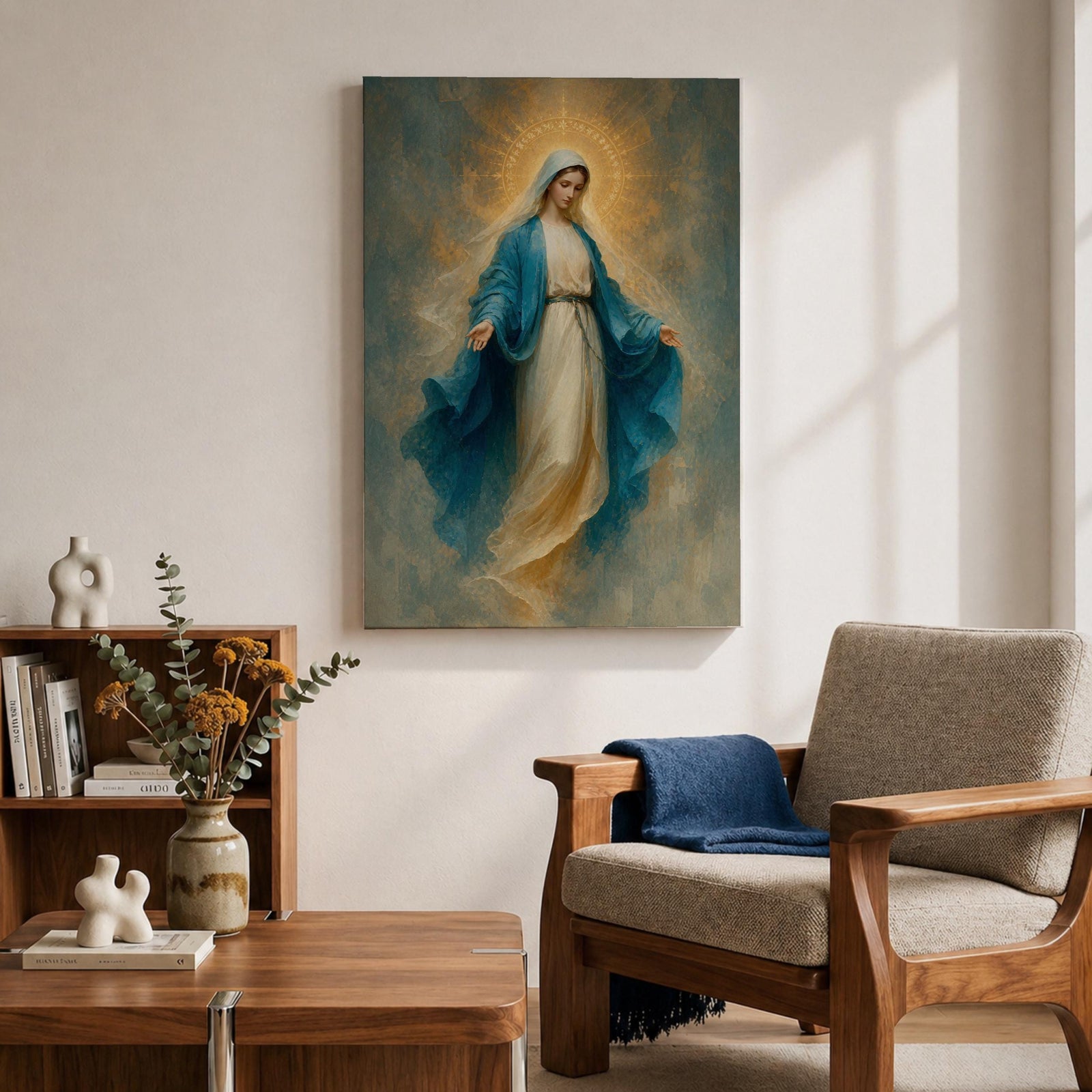 Elegant Virgin Mary wall art featuring the Blessed Mother in flowing blue and white robes with a radiant golden halo. Soft impressionist textures and serene colors create a sacred Catholic artwork ideal for prayer rooms, bedrooms, churches, and Christian home decor.