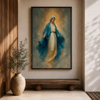 Elegant Virgin Mary wall art featuring the Blessed Mother in flowing blue and white robes with a radiant golden halo. Soft impressionist textures and serene colors create a sacred Catholic artwork ideal for prayer rooms, bedrooms, churches, and Christian home decor.