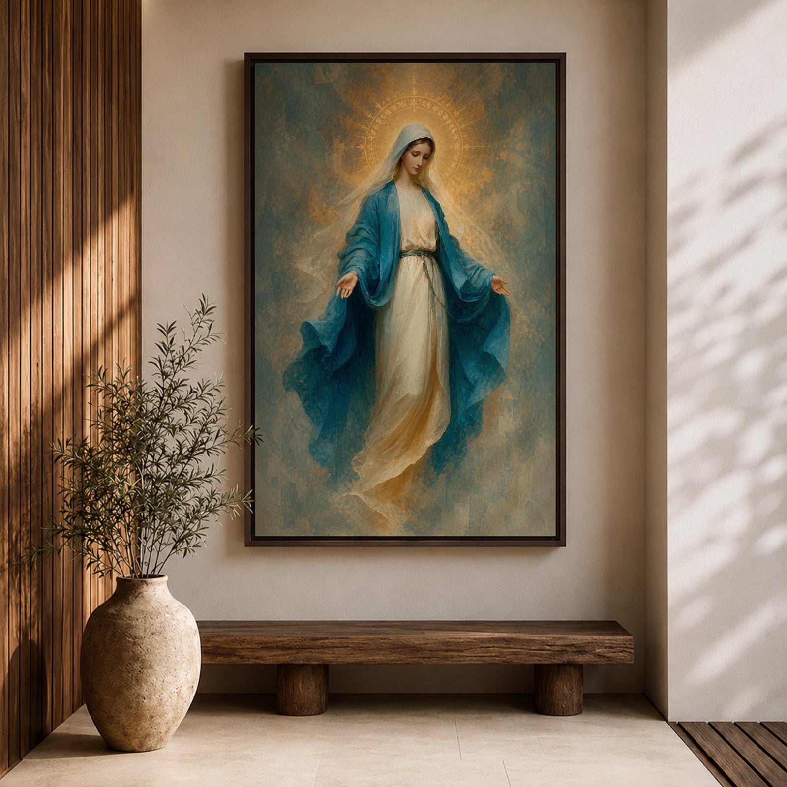 Elegant Virgin Mary wall art featuring the Blessed Mother in flowing blue and white robes with a radiant golden halo. Soft impressionist textures and serene colors create a sacred Catholic artwork ideal for prayer rooms, bedrooms, churches, and Christian home decor.