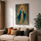 Elegant Virgin Mary wall art featuring the Blessed Mother in flowing blue and white robes with a radiant golden halo. Soft impressionist textures and serene colors create a sacred Catholic artwork ideal for prayer rooms, bedrooms, churches, and Christian home decor.