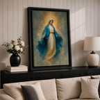 Elegant Virgin Mary wall art featuring the Blessed Mother in flowing blue and white robes with a radiant golden halo. Soft impressionist textures and serene colors create a sacred Catholic artwork ideal for prayer rooms, bedrooms, churches, and Christian home decor.