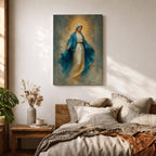 Elegant Virgin Mary wall art featuring the Blessed Mother in flowing blue and white robes with a radiant golden halo. Soft impressionist textures and serene colors create a sacred Catholic artwork ideal for prayer rooms, bedrooms, churches, and Christian home decor.