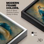 Elegant Virgin Mary wall art featuring the Blessed Mother in flowing blue and white robes with a radiant golden halo. Soft impressionist textures and serene colors create a sacred Catholic artwork ideal for prayer rooms, bedrooms, churches, and Christian home decor.