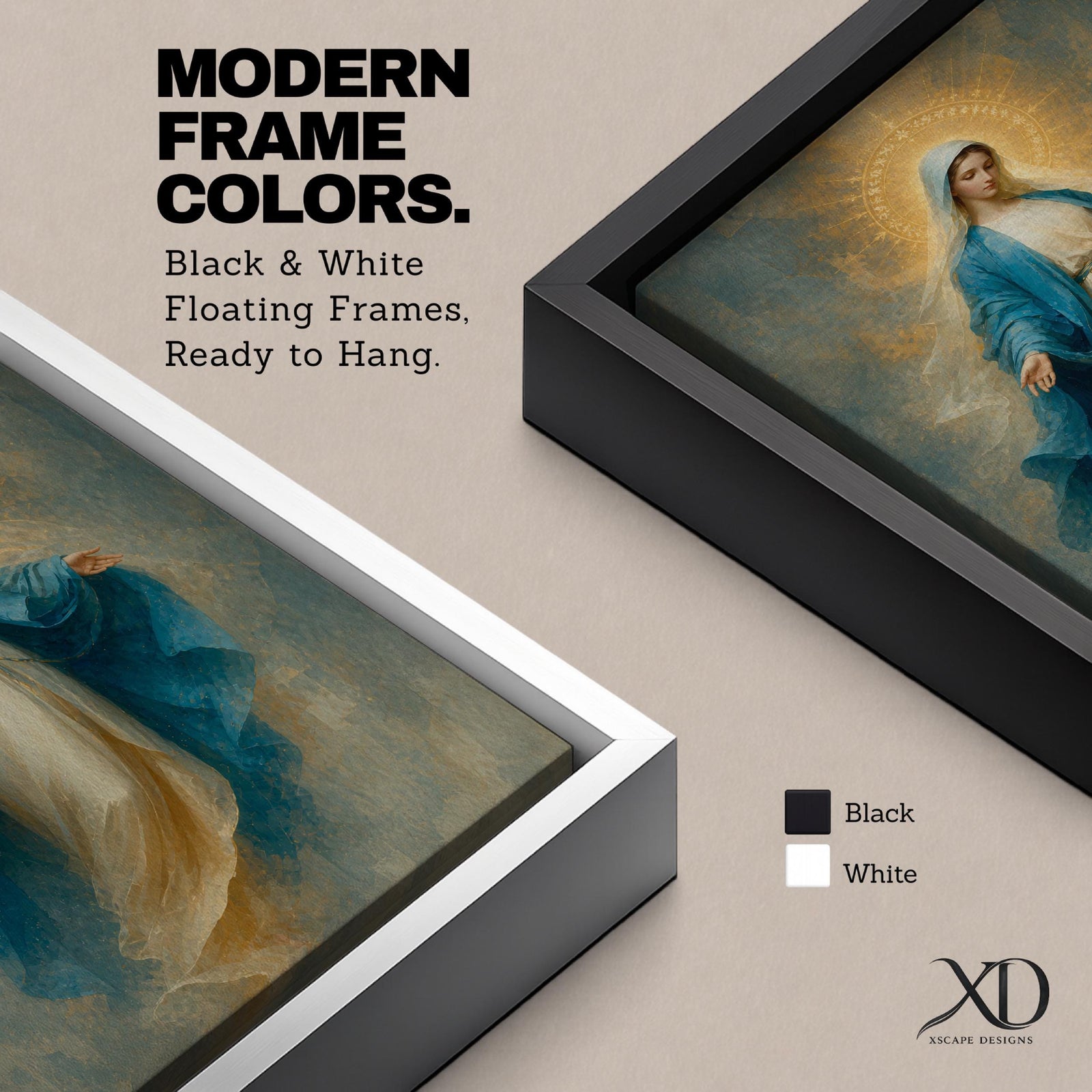 Elegant Virgin Mary wall art featuring the Blessed Mother in flowing blue and white robes with a radiant golden halo. Soft impressionist textures and serene colors create a sacred Catholic artwork ideal for prayer rooms, bedrooms, churches, and Christian home decor.