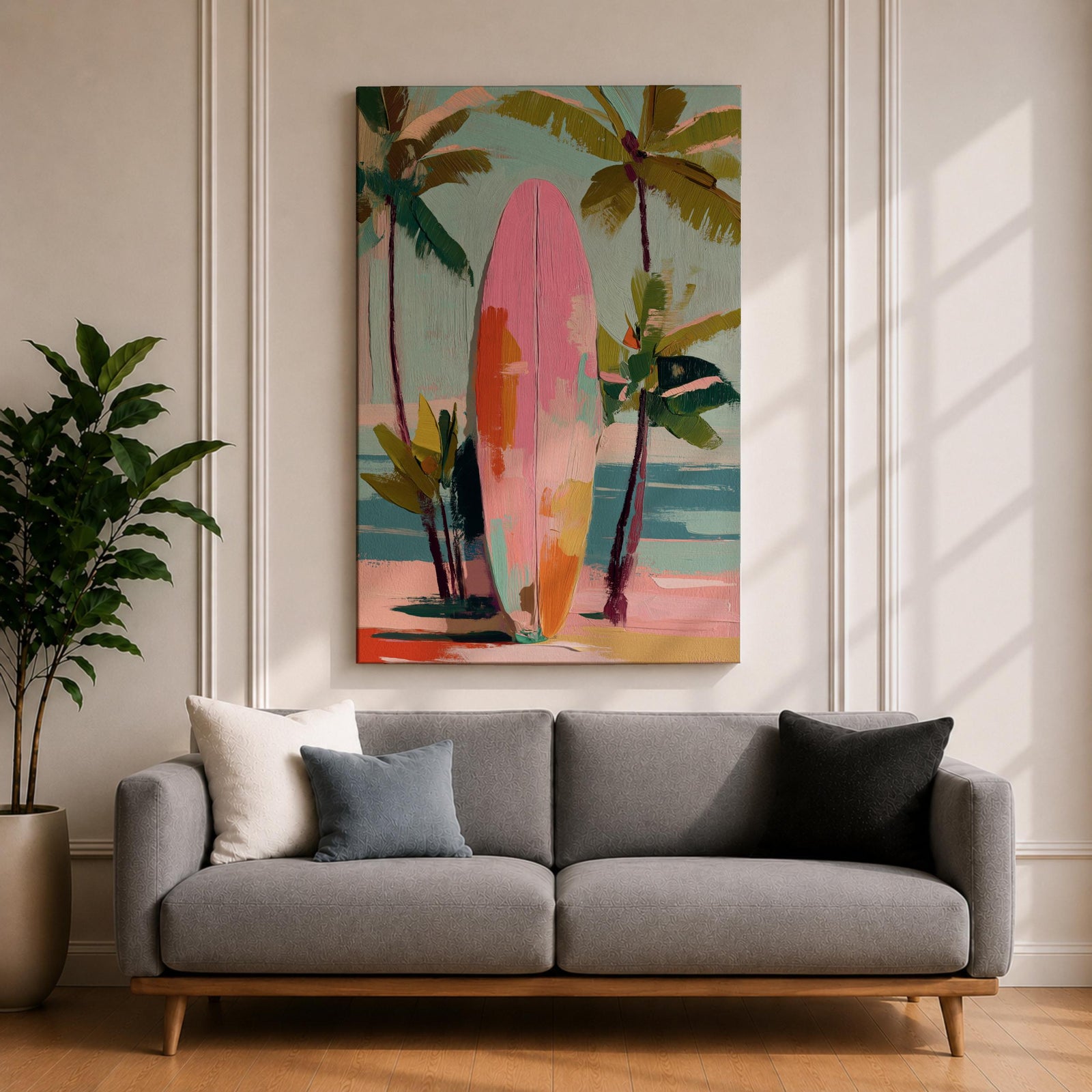 Modern tropical beach artwork featuring a pink surfboard standing on a sandy shoreline surrounded by palm trees. Soft pastel colors, coastal vibes, and contemporary painterly brushstrokes create a relaxing seaside atmosphere perfect for beach homes, coastal interiors, and summer-inspired décor.