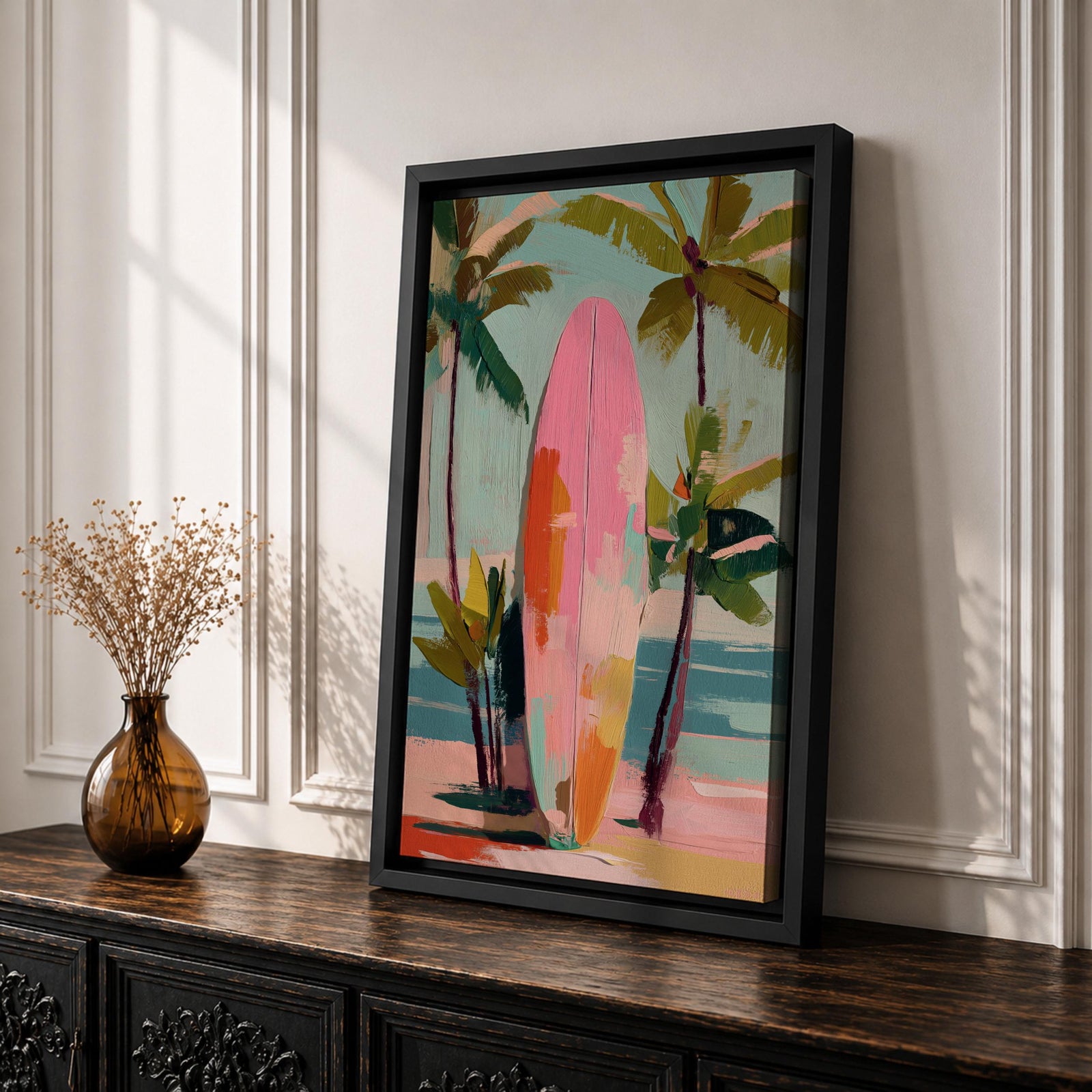 Modern tropical beach artwork featuring a pink surfboard standing on a sandy shoreline surrounded by palm trees. Soft pastel colors, coastal vibes, and contemporary painterly brushstrokes create a relaxing seaside atmosphere perfect for beach homes, coastal interiors, and summer-inspired décor.