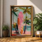 Modern tropical beach artwork featuring a pink surfboard standing on a sandy shoreline surrounded by palm trees. Soft pastel colors, coastal vibes, and contemporary painterly brushstrokes create a relaxing seaside atmosphere perfect for beach homes, coastal interiors, and summer-inspired décor.