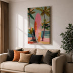 Modern tropical beach artwork featuring a pink surfboard standing on a sandy shoreline surrounded by palm trees. Soft pastel colors, coastal vibes, and contemporary painterly brushstrokes create a relaxing seaside atmosphere perfect for beach homes, coastal interiors, and summer-inspired décor.