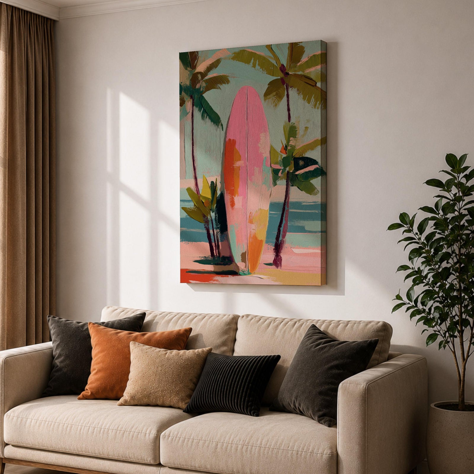 Modern tropical beach artwork featuring a pink surfboard standing on a sandy shoreline surrounded by palm trees. Soft pastel colors, coastal vibes, and contemporary painterly brushstrokes create a relaxing seaside atmosphere perfect for beach homes, coastal interiors, and summer-inspired décor.