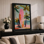 Modern tropical beach artwork featuring a pink surfboard standing on a sandy shoreline surrounded by palm trees. Soft pastel colors, coastal vibes, and contemporary painterly brushstrokes create a relaxing seaside atmosphere perfect for beach homes, coastal interiors, and summer-inspired décor.