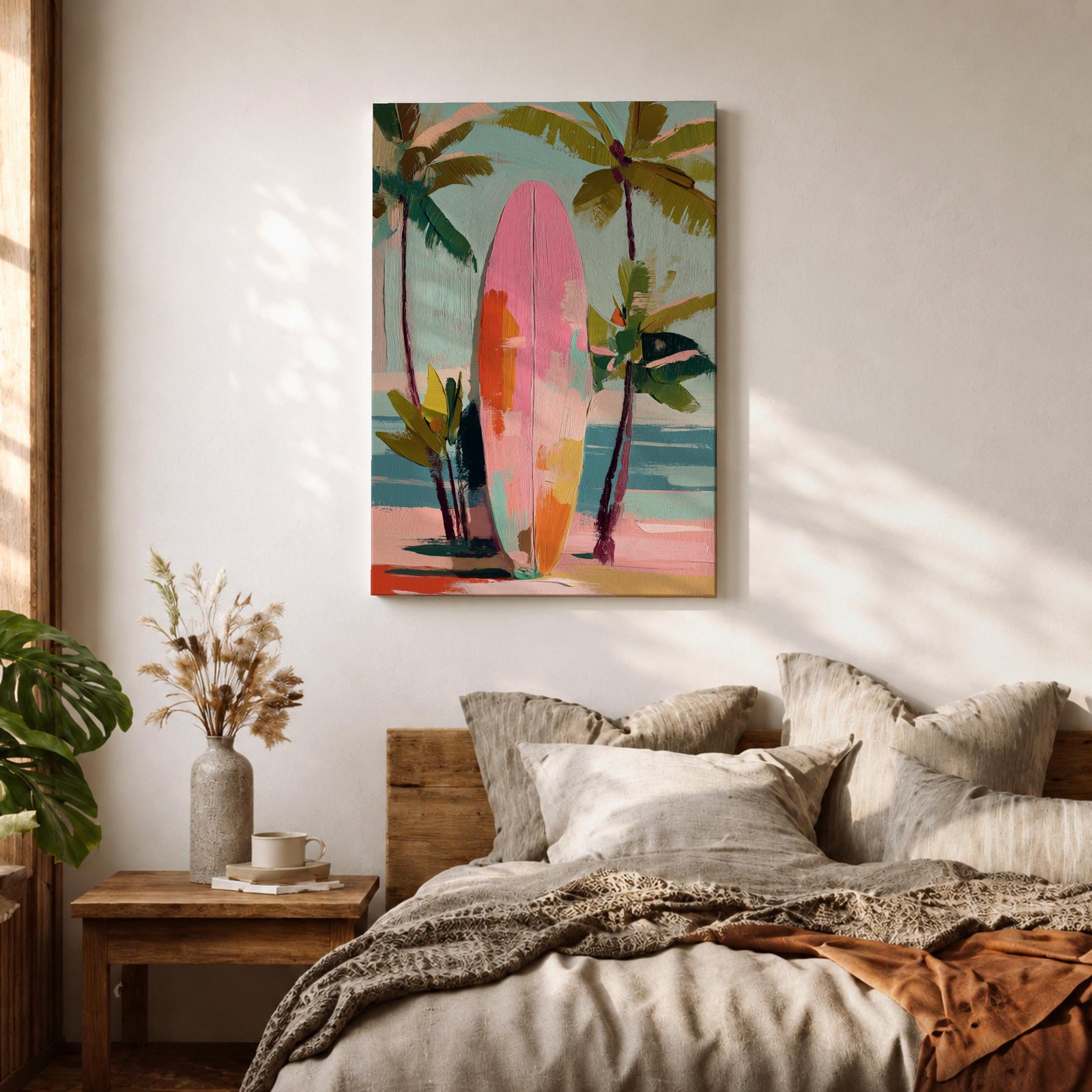 Modern tropical beach artwork featuring a pink surfboard standing on a sandy shoreline surrounded by palm trees. Soft pastel colors, coastal vibes, and contemporary painterly brushstrokes create a relaxing seaside atmosphere perfect for beach homes, coastal interiors, and summer-inspired décor.