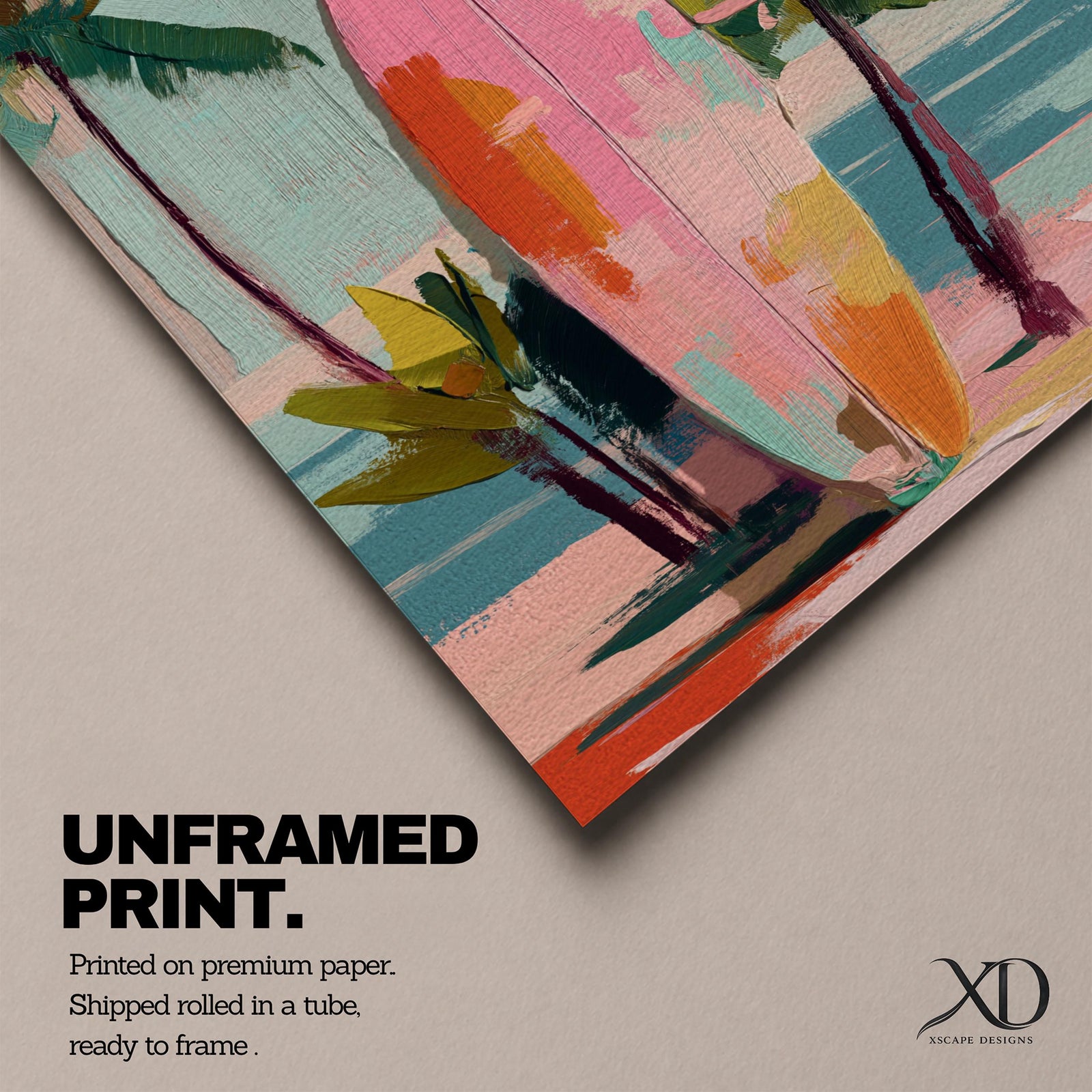 Modern tropical beach artwork featuring a pink surfboard standing on a sandy shoreline surrounded by palm trees. Soft pastel colors, coastal vibes, and contemporary painterly brushstrokes create a relaxing seaside atmosphere perfect for beach homes, coastal interiors, and summer-inspired décor.