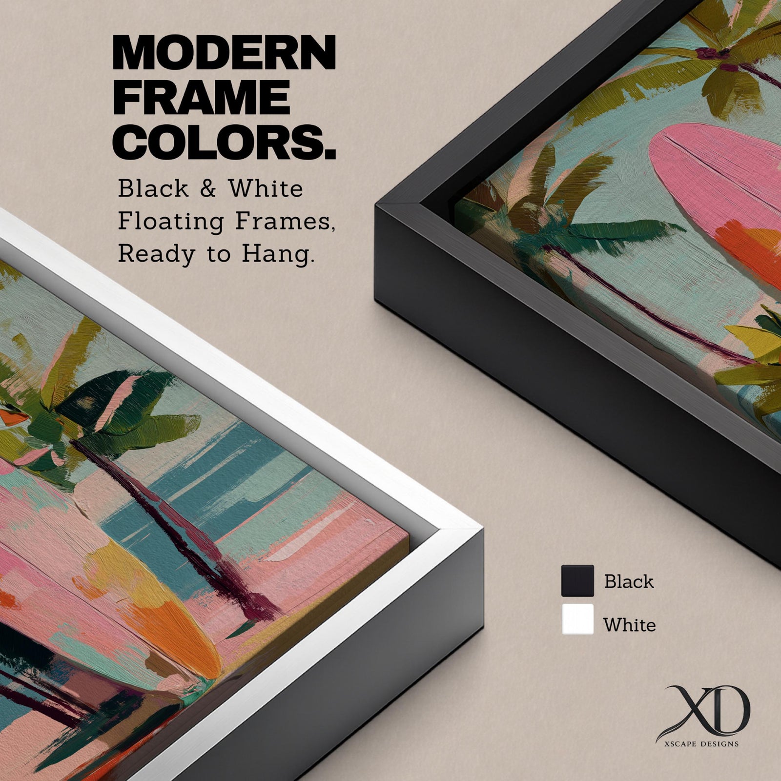 Modern tropical beach artwork featuring a pink surfboard standing on a sandy shoreline surrounded by palm trees. Soft pastel colors, coastal vibes, and contemporary painterly brushstrokes create a relaxing seaside atmosphere perfect for beach homes, coastal interiors, and summer-inspired décor.