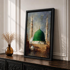 Islamic wall art featuring the iconic Green Dome of Al Masjid an-Nabawi in Madinah, surrounded by elegant minarets. Soft impressionist brushwork, warm architectural tones, and a serene atmosphere create a meaningful spiritual artwork ideal for Muslim homes, prayer rooms, and Islamic interiors.