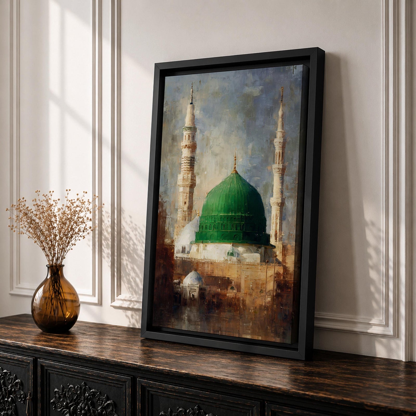 Islamic wall art featuring the iconic Green Dome of Al Masjid an-Nabawi in Madinah, surrounded by elegant minarets. Soft impressionist brushwork, warm architectural tones, and a serene atmosphere create a meaningful spiritual artwork ideal for Muslim homes, prayer rooms, and Islamic interiors.