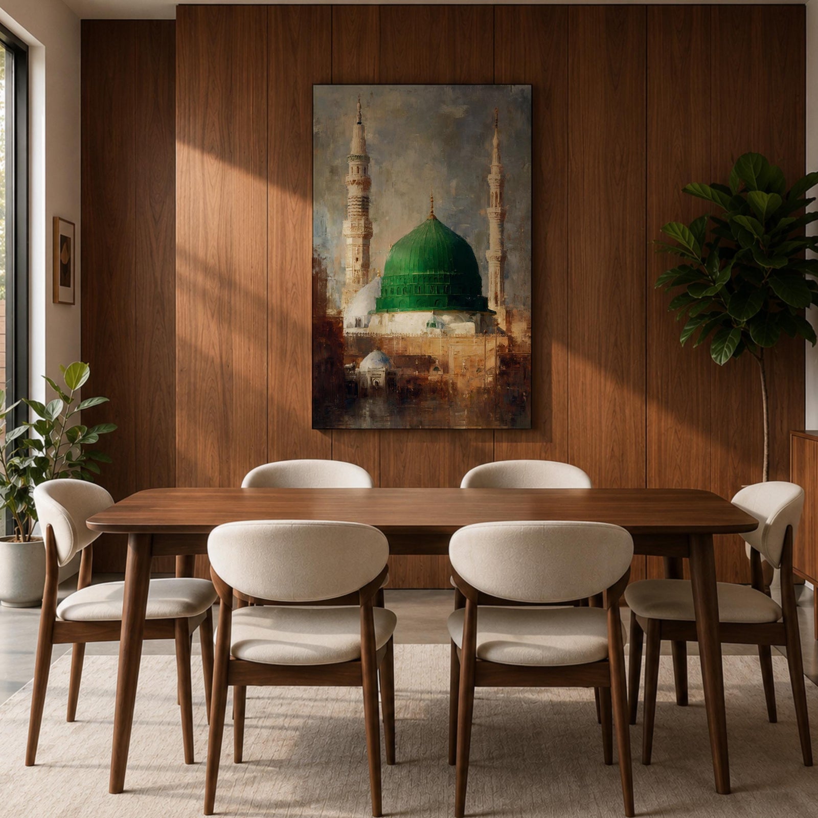 Islamic wall art featuring the iconic Green Dome of Al Masjid an-Nabawi in Madinah, surrounded by elegant minarets. Soft impressionist brushwork, warm architectural tones, and a serene atmosphere create a meaningful spiritual artwork ideal for Muslim homes, prayer rooms, and Islamic interiors.