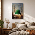 Islamic wall art featuring the iconic Green Dome of Al Masjid an-Nabawi in Madinah, surrounded by elegant minarets. Soft impressionist brushwork, warm architectural tones, and a serene atmosphere create a meaningful spiritual artwork ideal for Muslim homes, prayer rooms, and Islamic interiors.