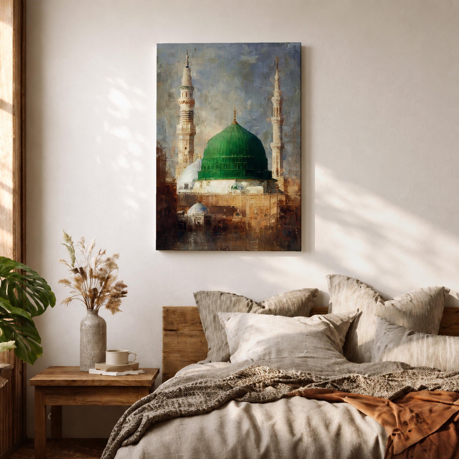 Islamic wall art featuring the iconic Green Dome of Al Masjid an-Nabawi in Madinah, surrounded by elegant minarets. Soft impressionist brushwork, warm architectural tones, and a serene atmosphere create a meaningful spiritual artwork ideal for Muslim homes, prayer rooms, and Islamic interiors.