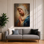 Sacred Catholic wall art featuring the Virgin Mary in prayer with hands clasped and eyes gently lowered. Soft golden light illuminates her serene expression, while rich blue garments and impressionist brushwork create a timeless devotional portrait ideal for prayer rooms and Christian homes.