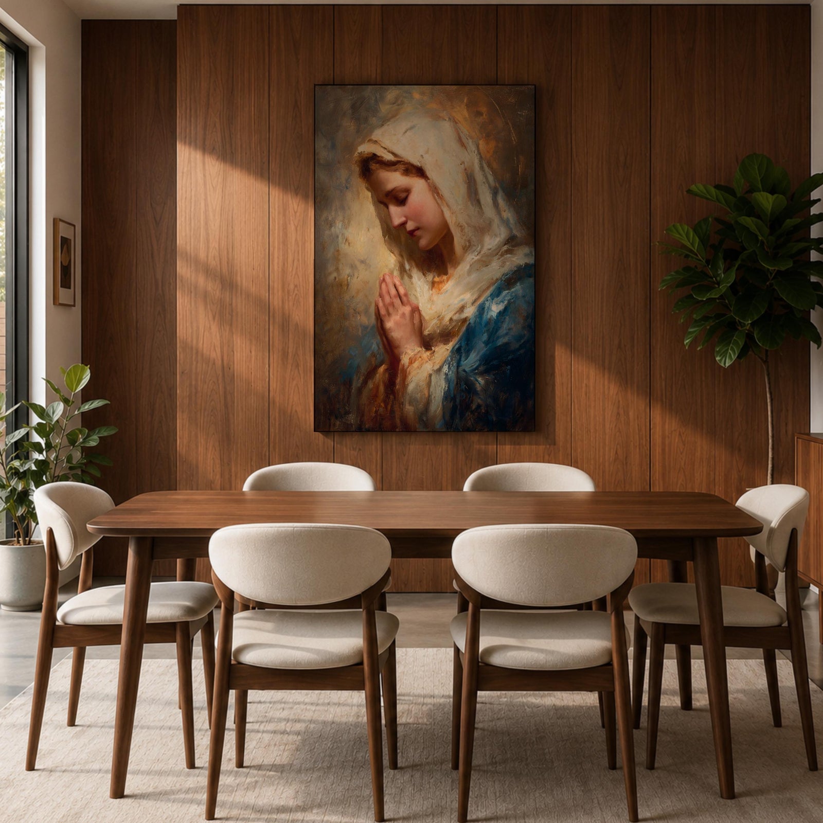 Sacred Catholic wall art featuring the Virgin Mary in prayer with hands clasped and eyes gently lowered. Soft golden light illuminates her serene expression, while rich blue garments and impressionist brushwork create a timeless devotional portrait ideal for prayer rooms and Christian homes.