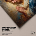 Sacred Catholic wall art featuring the Virgin Mary in prayer with hands clasped and eyes gently lowered. Soft golden light illuminates her serene expression, while rich blue garments and impressionist brushwork create a timeless devotional portrait ideal for prayer rooms and Christian homes.