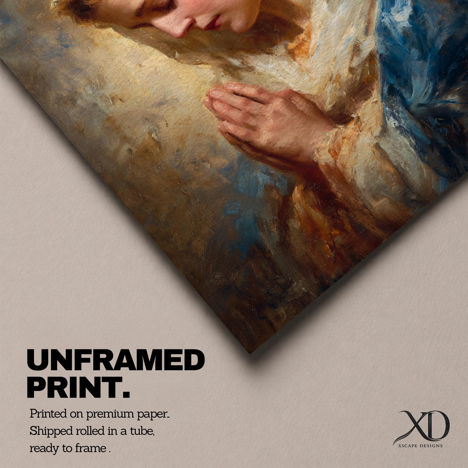 Sacred Catholic wall art featuring the Virgin Mary in prayer with hands clasped and eyes gently lowered. Soft golden light illuminates her serene expression, while rich blue garments and impressionist brushwork create a timeless devotional portrait ideal for prayer rooms and Christian homes.