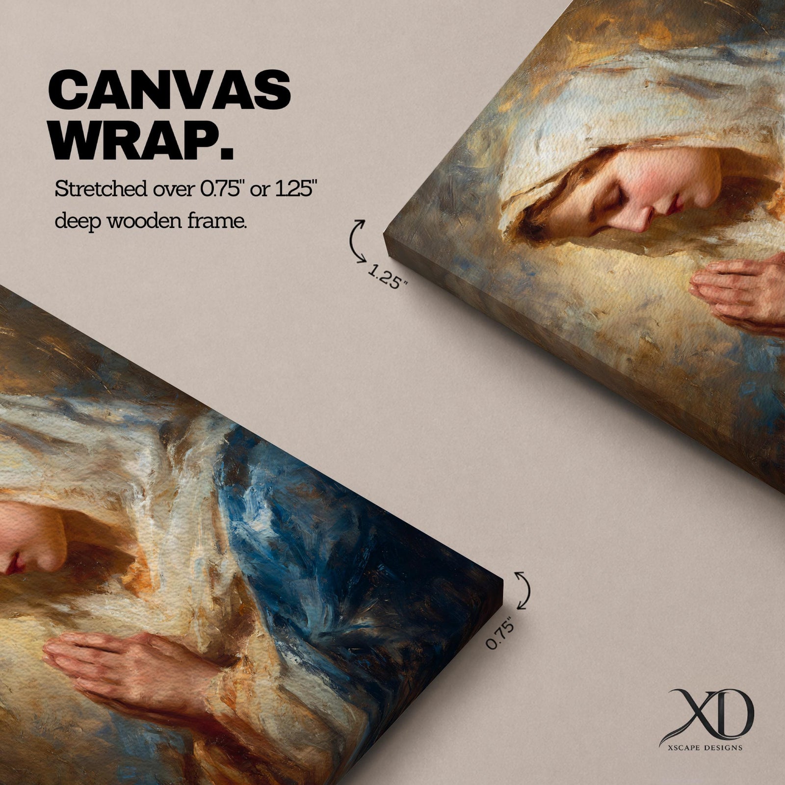 Sacred Catholic wall art featuring the Virgin Mary in prayer with hands clasped and eyes gently lowered. Soft golden light illuminates her serene expression, while rich blue garments and impressionist brushwork create a timeless devotional portrait ideal for prayer rooms and Christian homes.