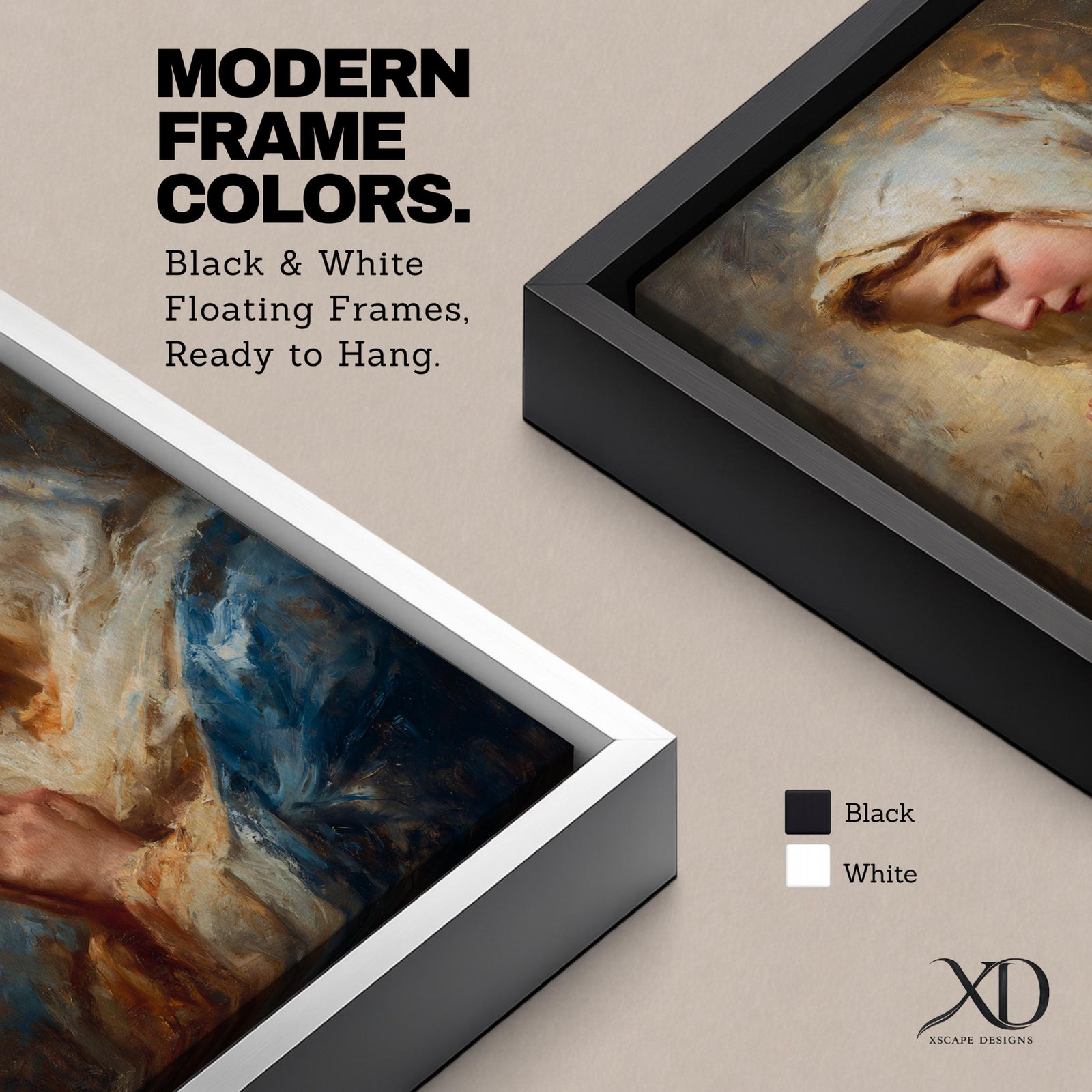 Sacred Catholic wall art featuring the Virgin Mary in prayer with hands clasped and eyes gently lowered. Soft golden light illuminates her serene expression, while rich blue garments and impressionist brushwork create a timeless devotional portrait ideal for prayer rooms and Christian homes.