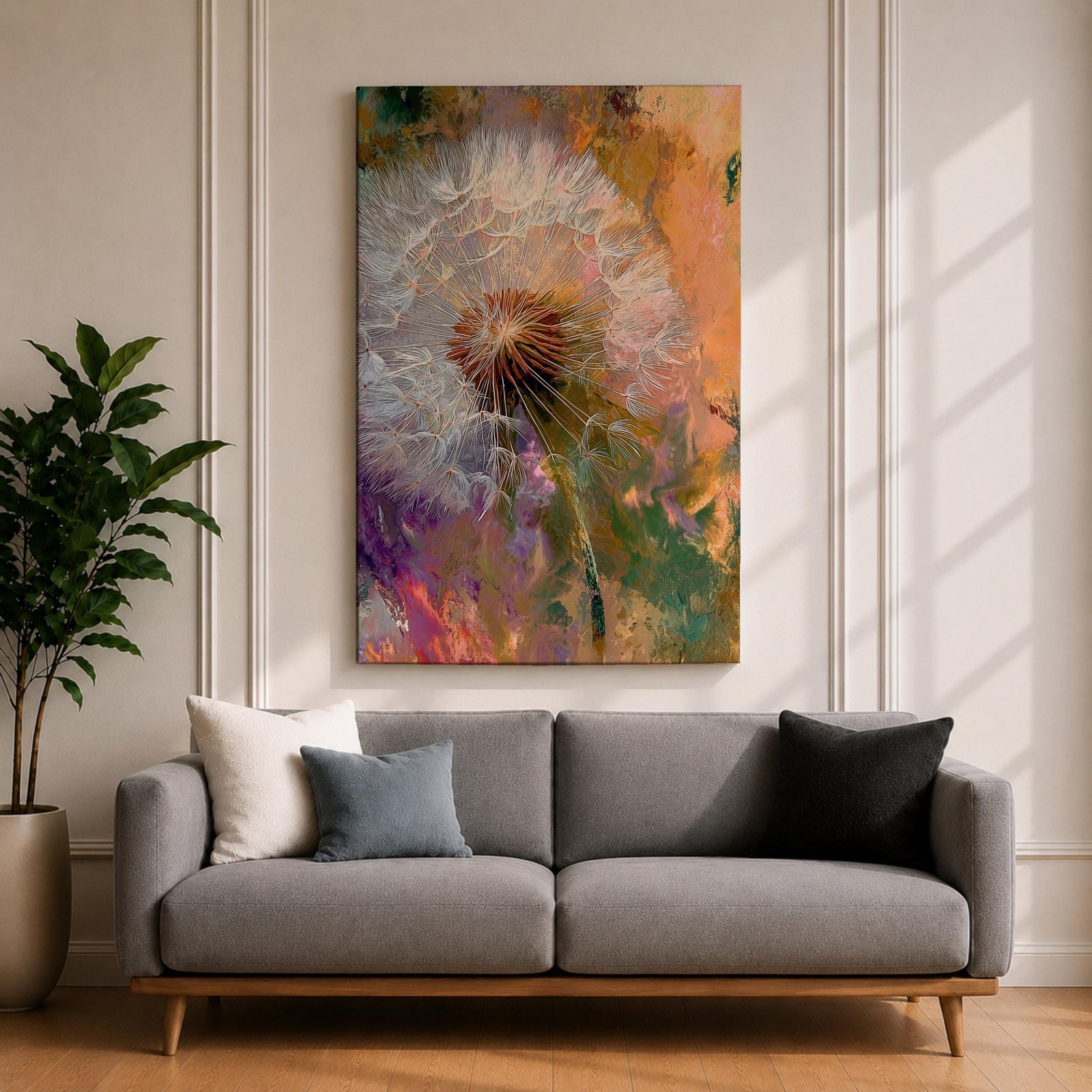 Close-up of a dandelion seed head with fine white filaments against a colorful abstract background featuring warm tones of orange, purple, and green, rendered in an abstract botanical style on a framed canvas.