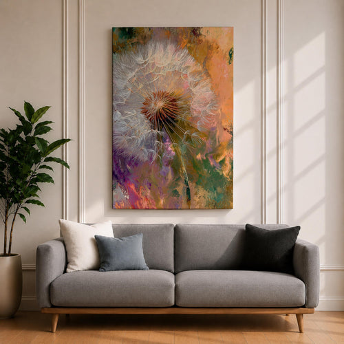 Close-up of a dandelion seed head with fine white filaments against a colorful abstract background featuring warm tones of orange, purple, and green, rendered in an abstract botanical style on a framed canvas.