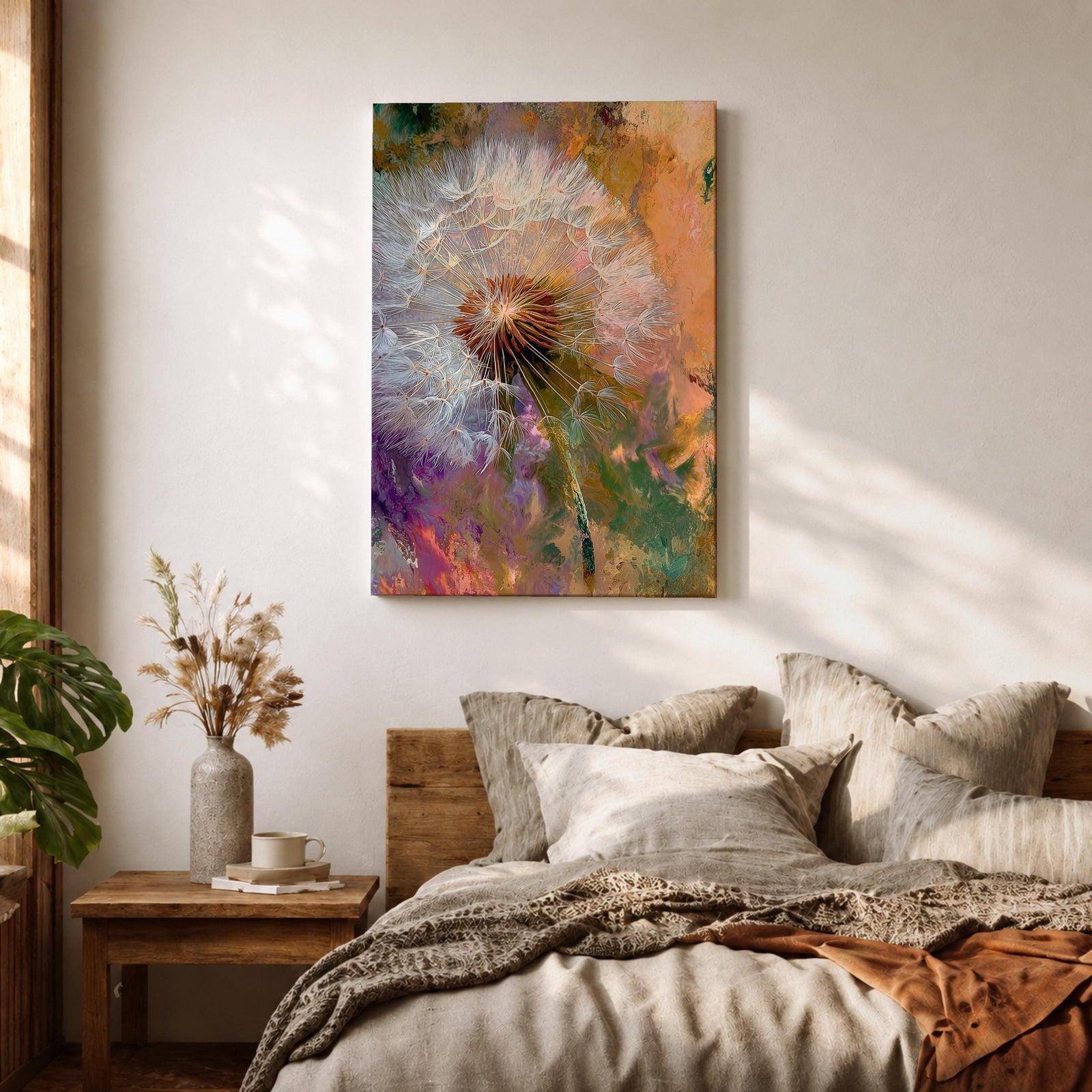 Close-up of a dandelion seed head with fine white filaments against a colorful abstract background featuring warm tones of orange, purple, and green, rendered in an abstract botanical style on a framed canvas.