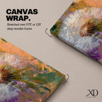 Close-up of a dandelion seed head with fine white filaments against a colorful abstract background featuring warm tones of orange, purple, and green, rendered in an abstract botanical style on a framed canvas.