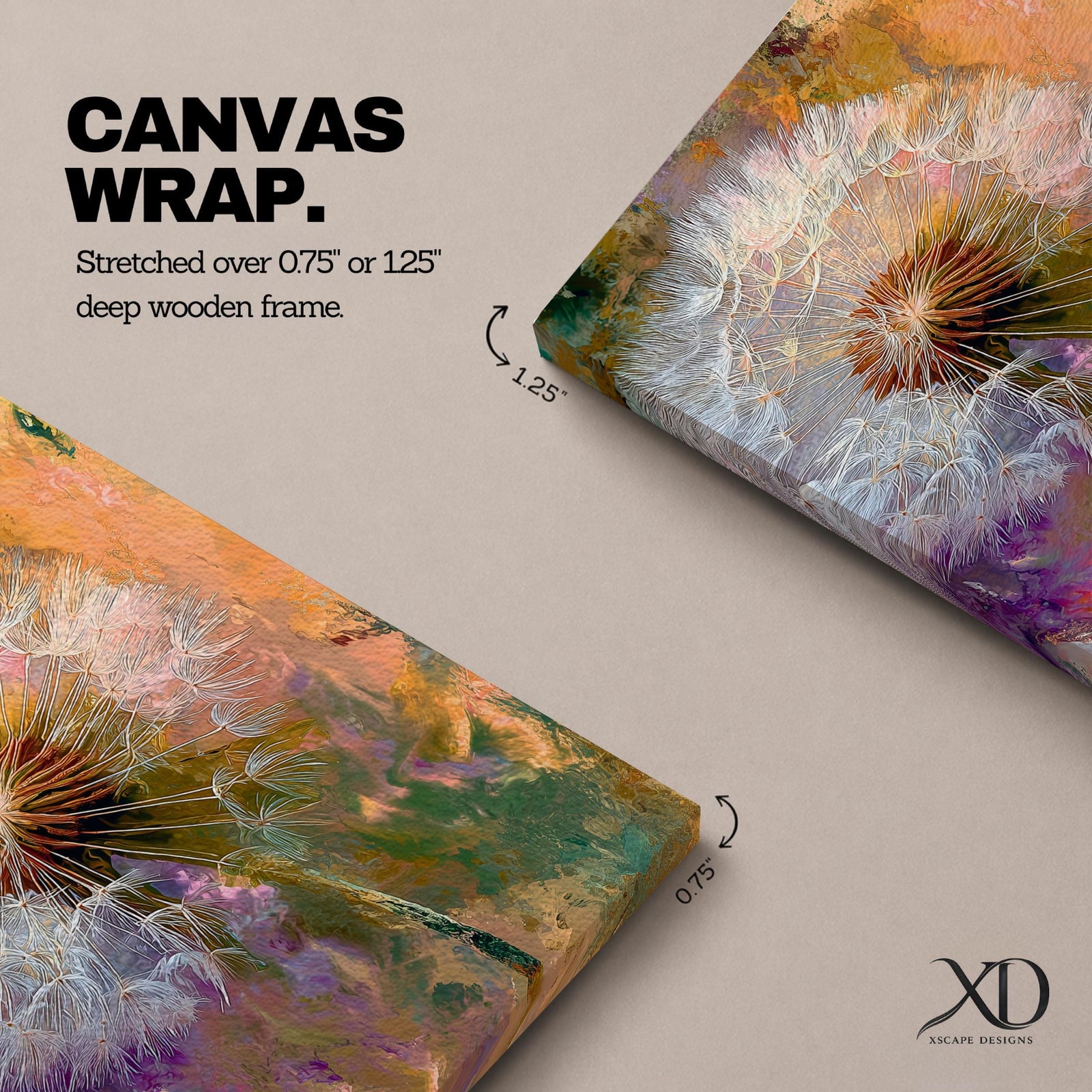 Close-up of a dandelion seed head with fine white filaments against a colorful abstract background featuring warm tones of orange, purple, and green, rendered in an abstract botanical style on a framed canvas.