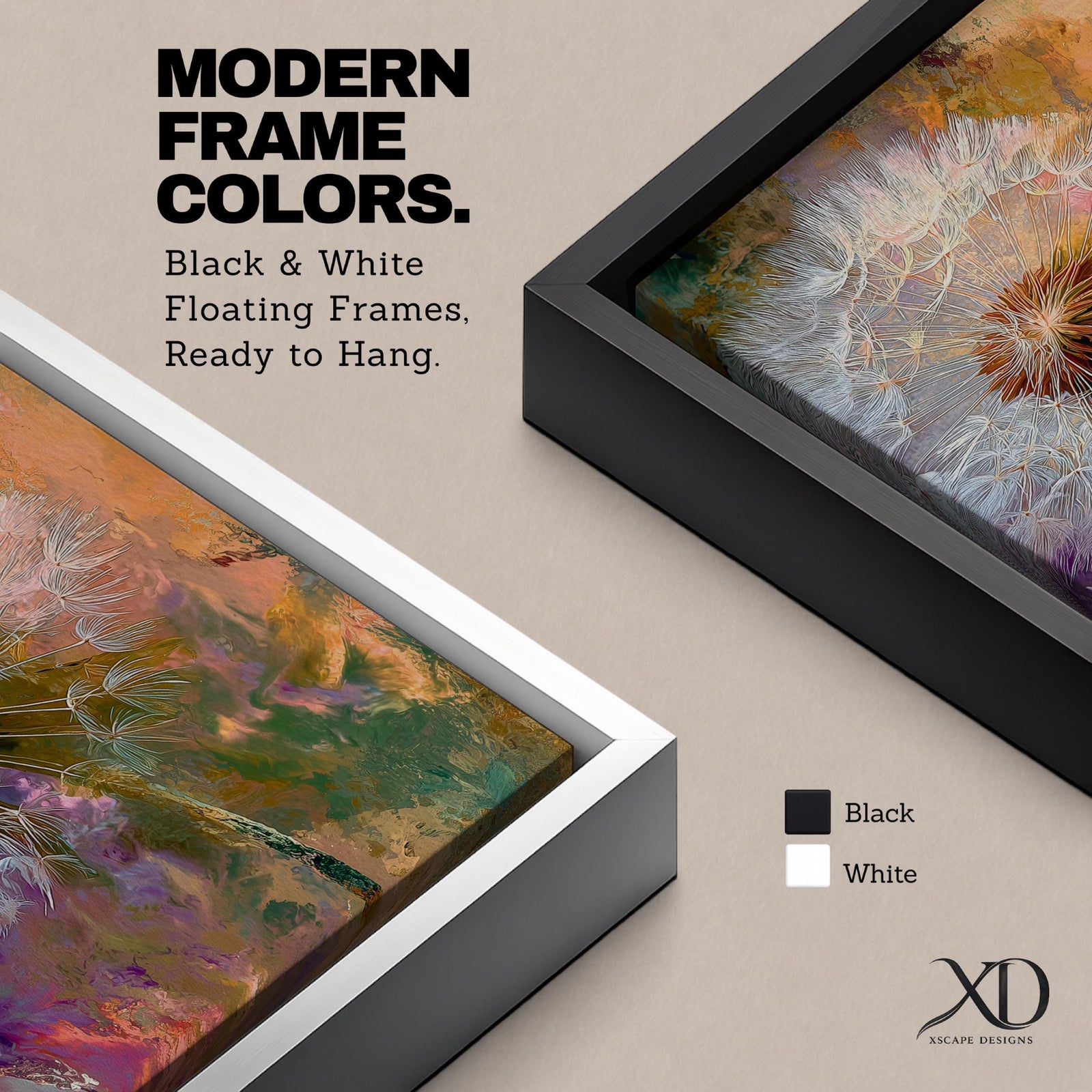 Close-up of a dandelion seed head with fine white filaments against a colorful abstract background featuring warm tones of orange, purple, and green, rendered in an abstract botanical style on a framed canvas.