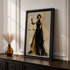 Lady Justice wall art featuring a regal goddess holding scales and a sword, dressed in an elegant black and gold gown. Modern Justitia artwork symbolizing justice, wisdom, authority, and feminine strength for law offices and luxury interiors.