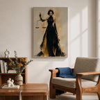 Lady Justice wall art featuring a regal goddess holding scales and a sword, dressed in an elegant black and gold gown. Modern Justitia artwork symbolizing justice, wisdom, authority, and feminine strength for law offices and luxury interiors.