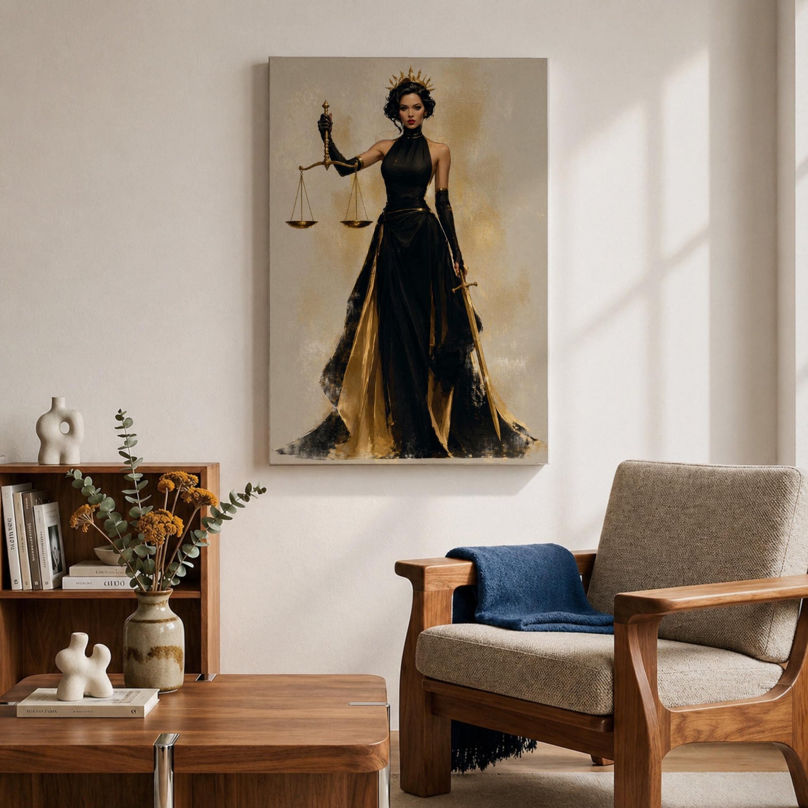 Lady Justice wall art featuring a regal goddess holding scales and a sword, dressed in an elegant black and gold gown. Modern Justitia artwork symbolizing justice, wisdom, authority, and feminine strength for law offices and luxury interiors.
