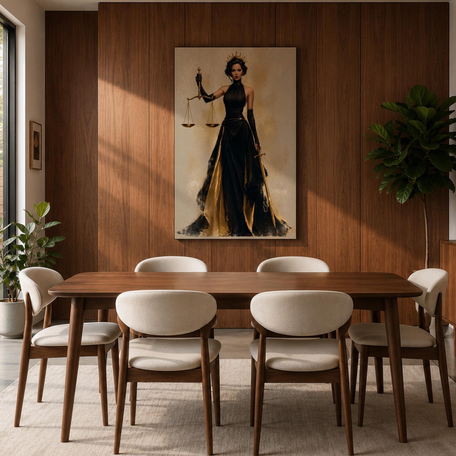 Lady Justice wall art featuring a regal goddess holding scales and a sword, dressed in an elegant black and gold gown. Modern Justitia artwork symbolizing justice, wisdom, authority, and feminine strength for law offices and luxury interiors.
