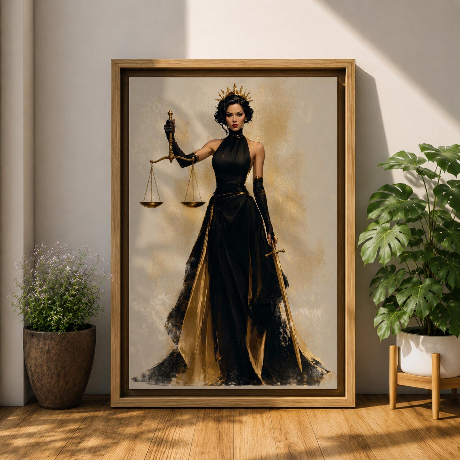 Lady Justice wall art featuring a regal goddess holding scales and a sword, dressed in an elegant black and gold gown. Modern Justitia artwork symbolizing justice, wisdom, authority, and feminine strength for law offices and luxury interiors.