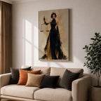 Lady Justice wall art featuring a regal goddess holding scales and a sword, dressed in an elegant black and gold gown. Modern Justitia artwork symbolizing justice, wisdom, authority, and feminine strength for law offices and luxury interiors.