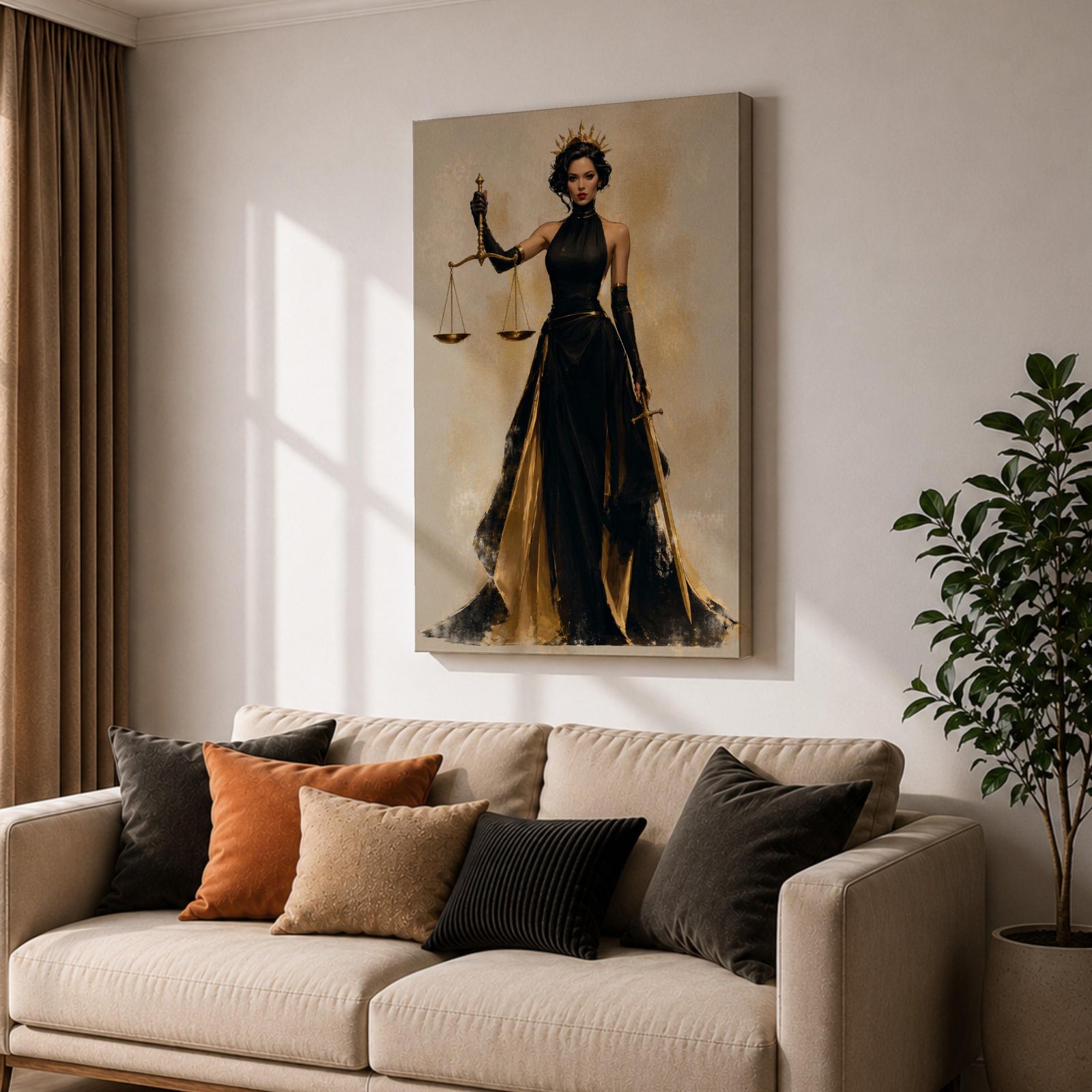 Lady Justice wall art featuring a regal goddess holding scales and a sword, dressed in an elegant black and gold gown. Modern Justitia artwork symbolizing justice, wisdom, authority, and feminine strength for law offices and luxury interiors.