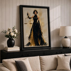 Lady Justice wall art featuring a regal goddess holding scales and a sword, dressed in an elegant black and gold gown. Modern Justitia artwork symbolizing justice, wisdom, authority, and feminine strength for law offices and luxury interiors.