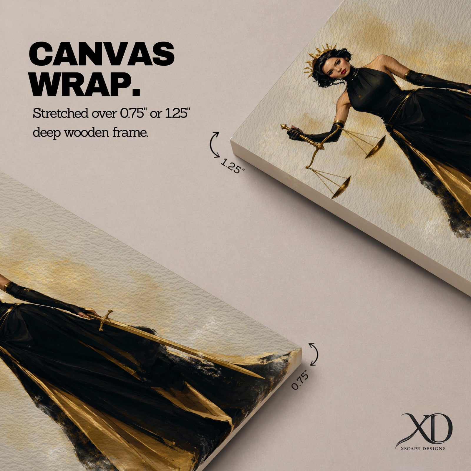Lady Justice wall art featuring a regal goddess holding scales and a sword, dressed in an elegant black and gold gown. Modern Justitia artwork symbolizing justice, wisdom, authority, and feminine strength for law offices and luxury interiors.