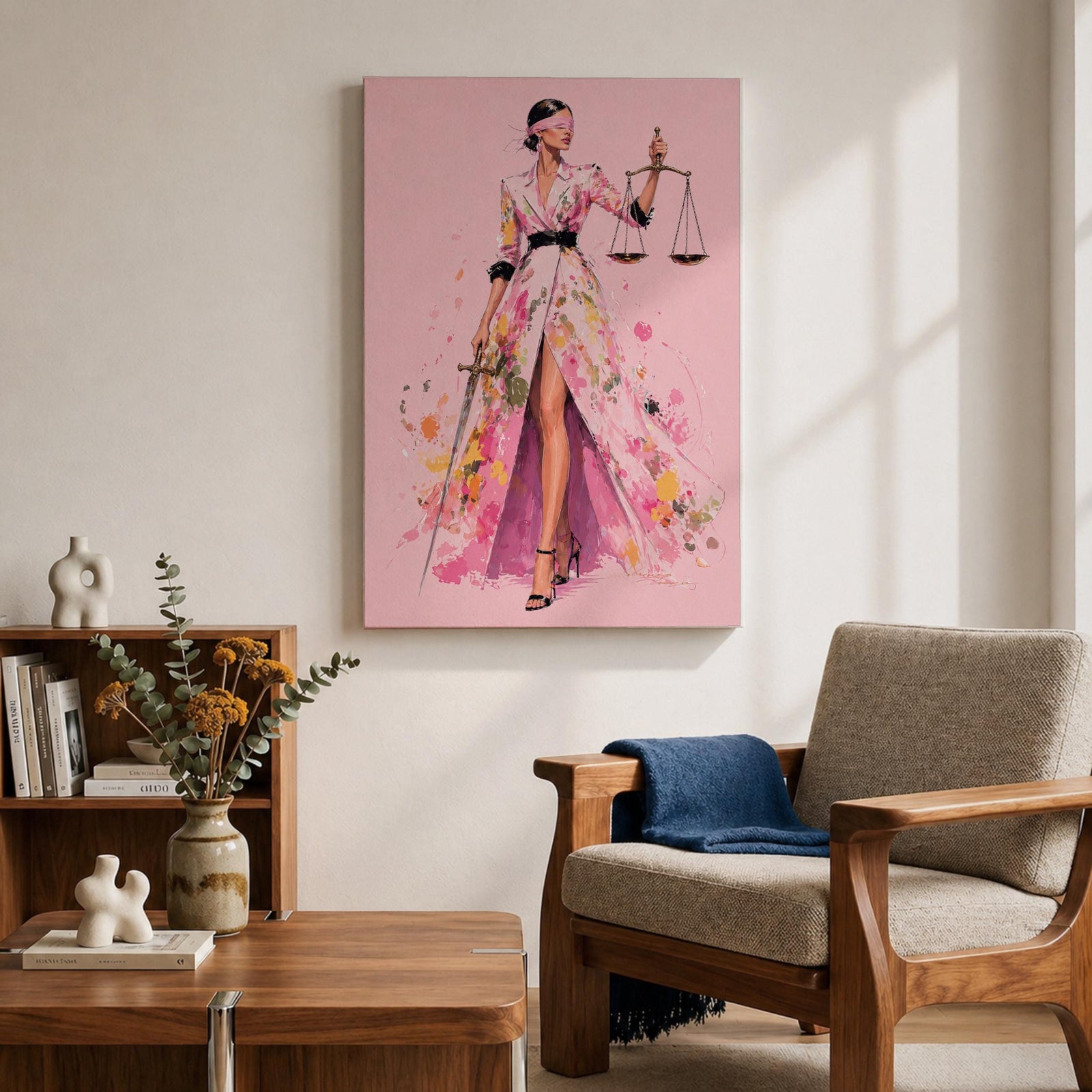 Elevate your workspace with this Lady Justice Wall Art, featuring a stylish blindfolded Lady Justice in a flowing pink floral gown holding the scales and sword. Elegant watercolor splashes, soft blush tones, and contemporary fashion illustration create the perfect statement piece for modern lawyer offices and legal professionals.