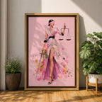 Elevate your workspace with this Lady Justice Wall Art, featuring a stylish blindfolded Lady Justice in a flowing pink floral gown holding the scales and sword. Elegant watercolor splashes, soft blush tones, and contemporary fashion illustration create the perfect statement piece for modern lawyer offices and legal professionals.