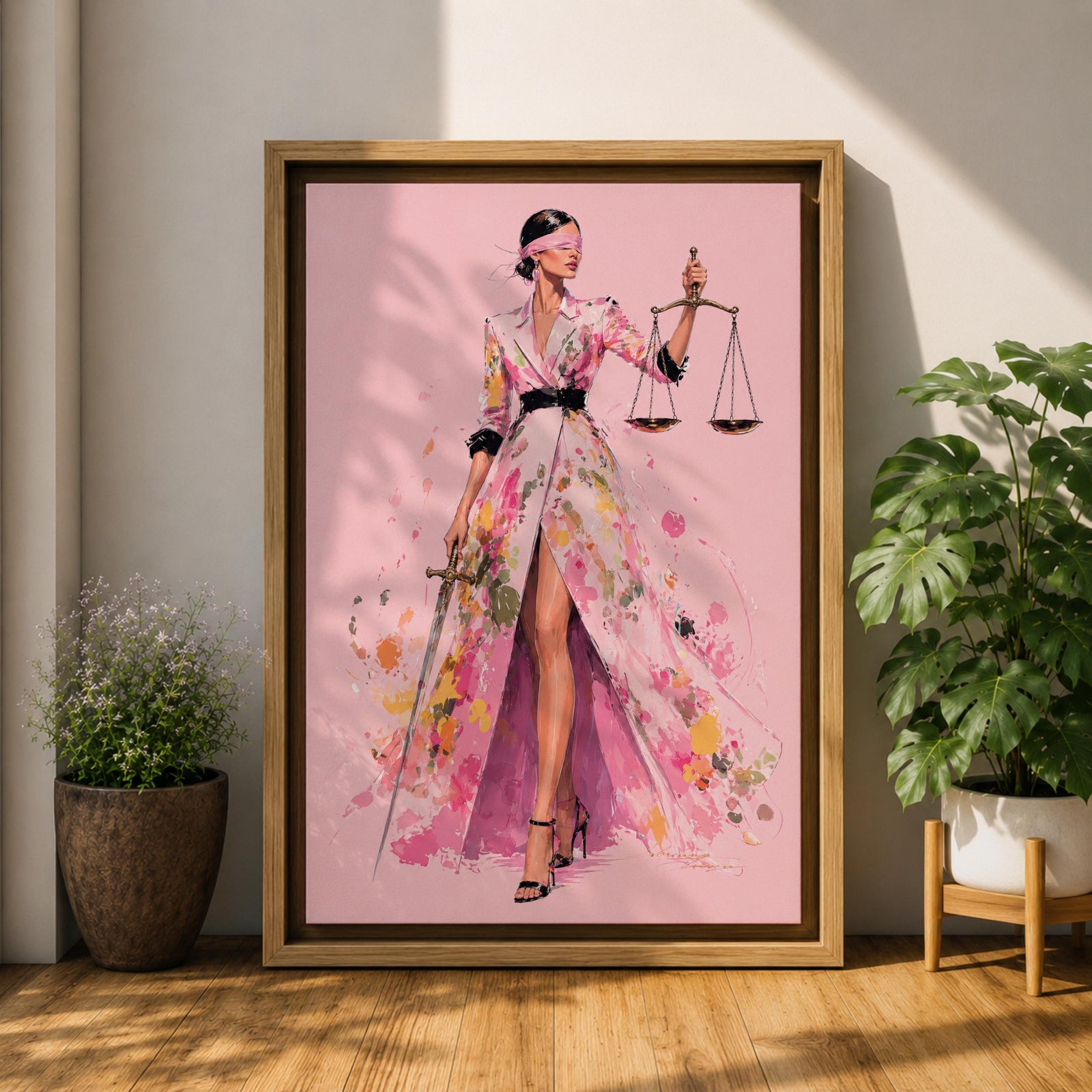 Elevate your workspace with this Lady Justice Wall Art, featuring a stylish blindfolded Lady Justice in a flowing pink floral gown holding the scales and sword. Elegant watercolor splashes, soft blush tones, and contemporary fashion illustration create the perfect statement piece for modern lawyer offices and legal professionals.