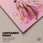 Elevate your workspace with this Lady Justice Wall Art, featuring a stylish blindfolded Lady Justice in a flowing pink floral gown holding the scales and sword. Elegant watercolor splashes, soft blush tones, and contemporary fashion illustration create the perfect statement piece for modern lawyer offices and legal professionals.