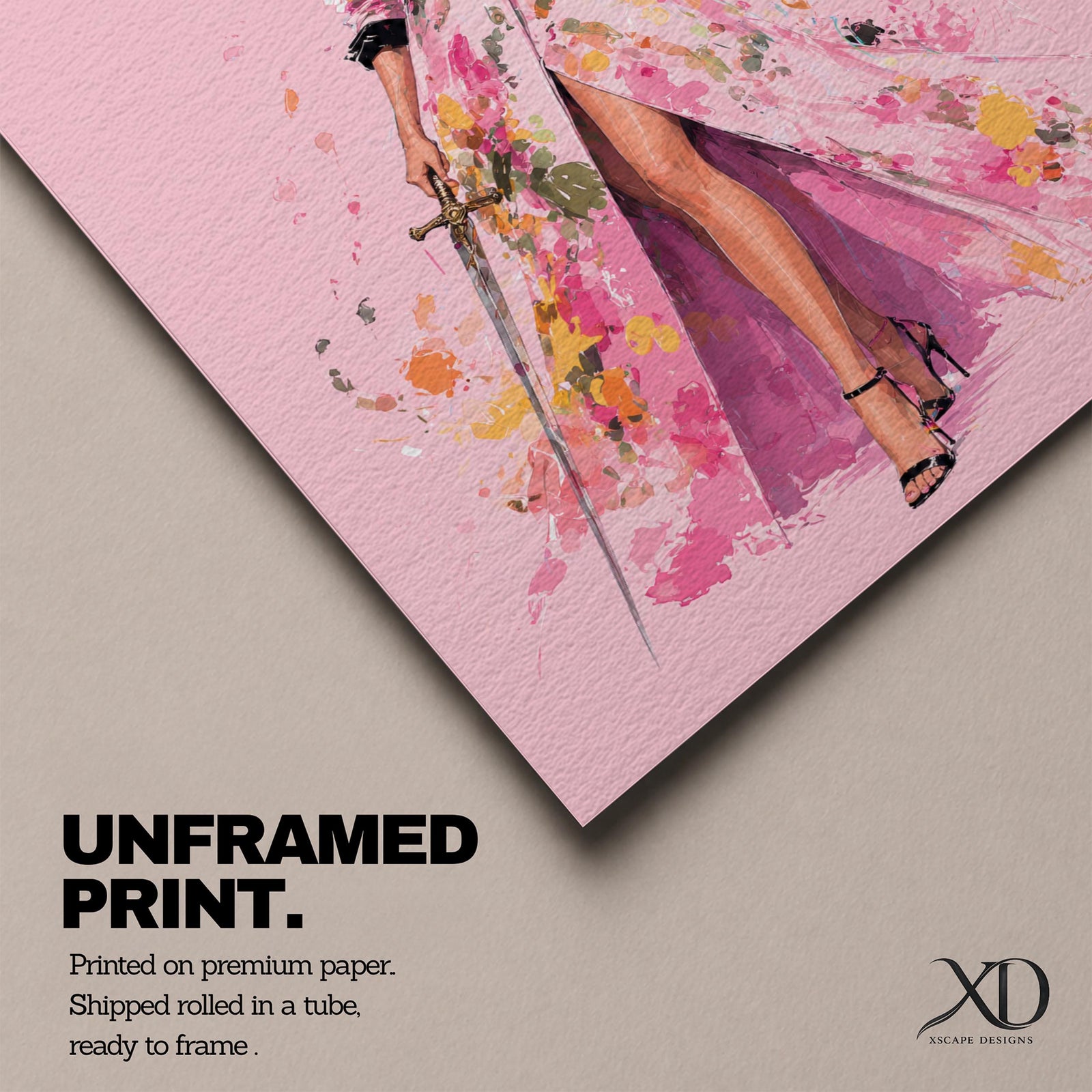 Elevate your workspace with this Lady Justice Wall Art, featuring a stylish blindfolded Lady Justice in a flowing pink floral gown holding the scales and sword. Elegant watercolor splashes, soft blush tones, and contemporary fashion illustration create the perfect statement piece for modern lawyer offices and legal professionals.