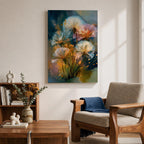Dreamy botanical wall art featuring delicate dandelion seedheads in soft white, blush pink, and golden tones. Expressive contemporary brushstrokes, glowing highlights, and an atmospheric blue-green background create a serene floral composition perfect for modern, cottagecore, and nature-inspired interiors.