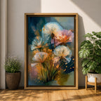 Dreamy botanical wall art featuring delicate dandelion seedheads in soft white, blush pink, and golden tones. Expressive contemporary brushstrokes, glowing highlights, and an atmospheric blue-green background create a serene floral composition perfect for modern, cottagecore, and nature-inspired interiors.